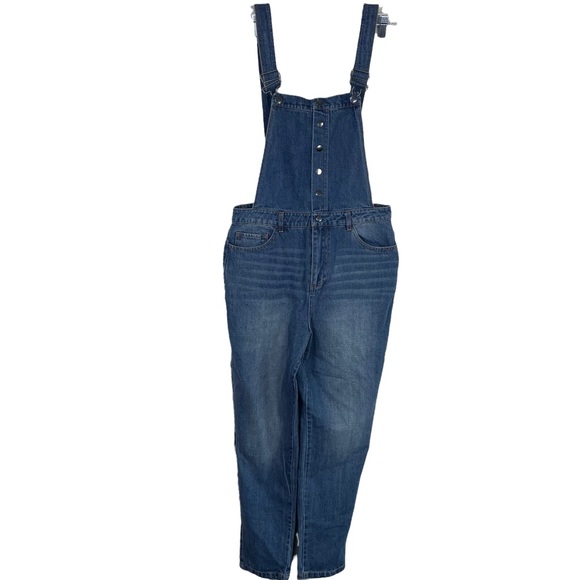 Forever 21 Contemporary Button Snap Ankle Cropped Overall Denim Jean Size Large - Picture 3 of 11
